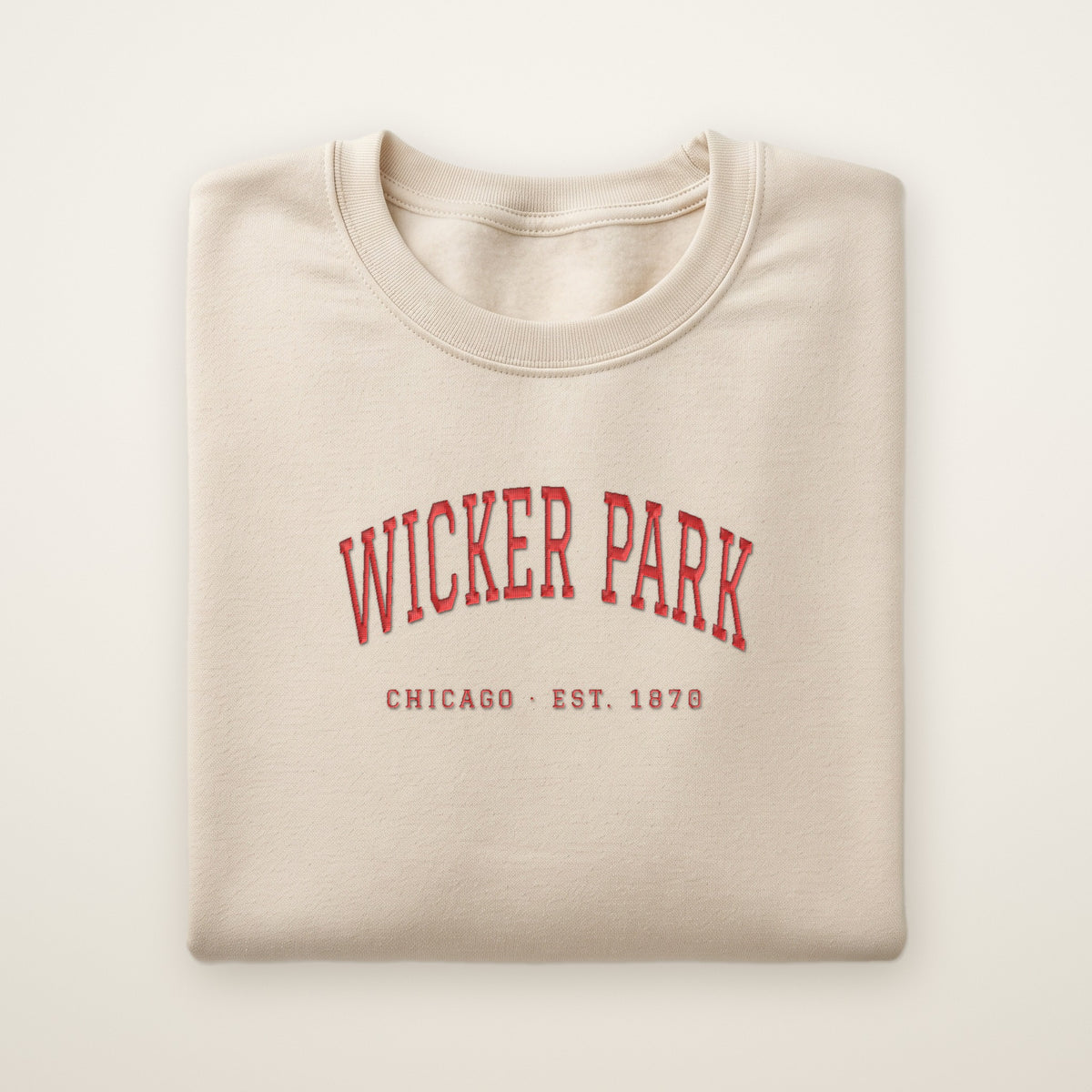 Wicker Park Chicago embroidered crewneck sweatshirt, Sand, red embroidery