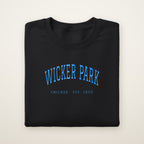 Wicker Park Chicago embroidered crewneck sweatshirt, Black, sky blue embroidery