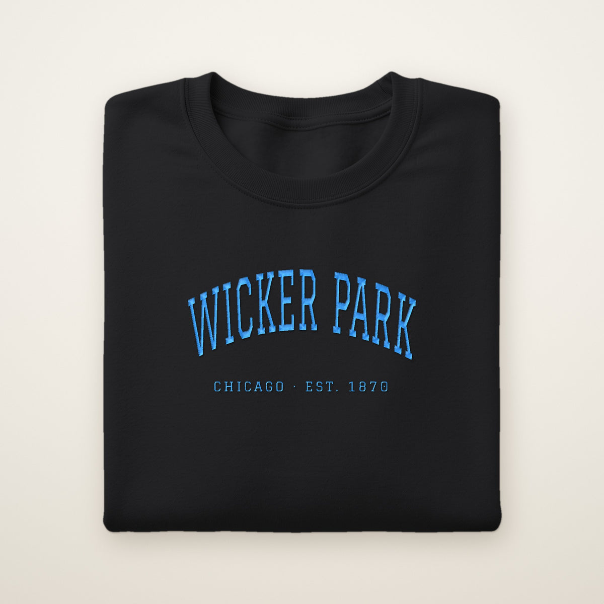 Wicker Park Chicago embroidered crewneck sweatshirt, Black, sky blue embroidery