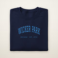 Wicker Park Chicago embroidered crewneck sweatshirt, Navy, sky blue embroidery