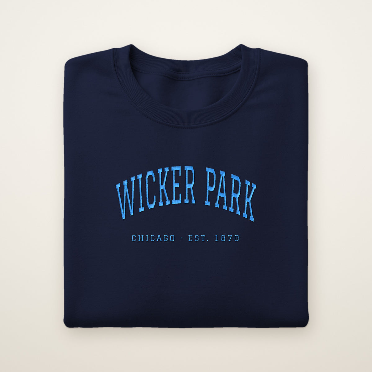 Wicker Park Chicago embroidered crewneck sweatshirt, Navy, sky blue embroidery