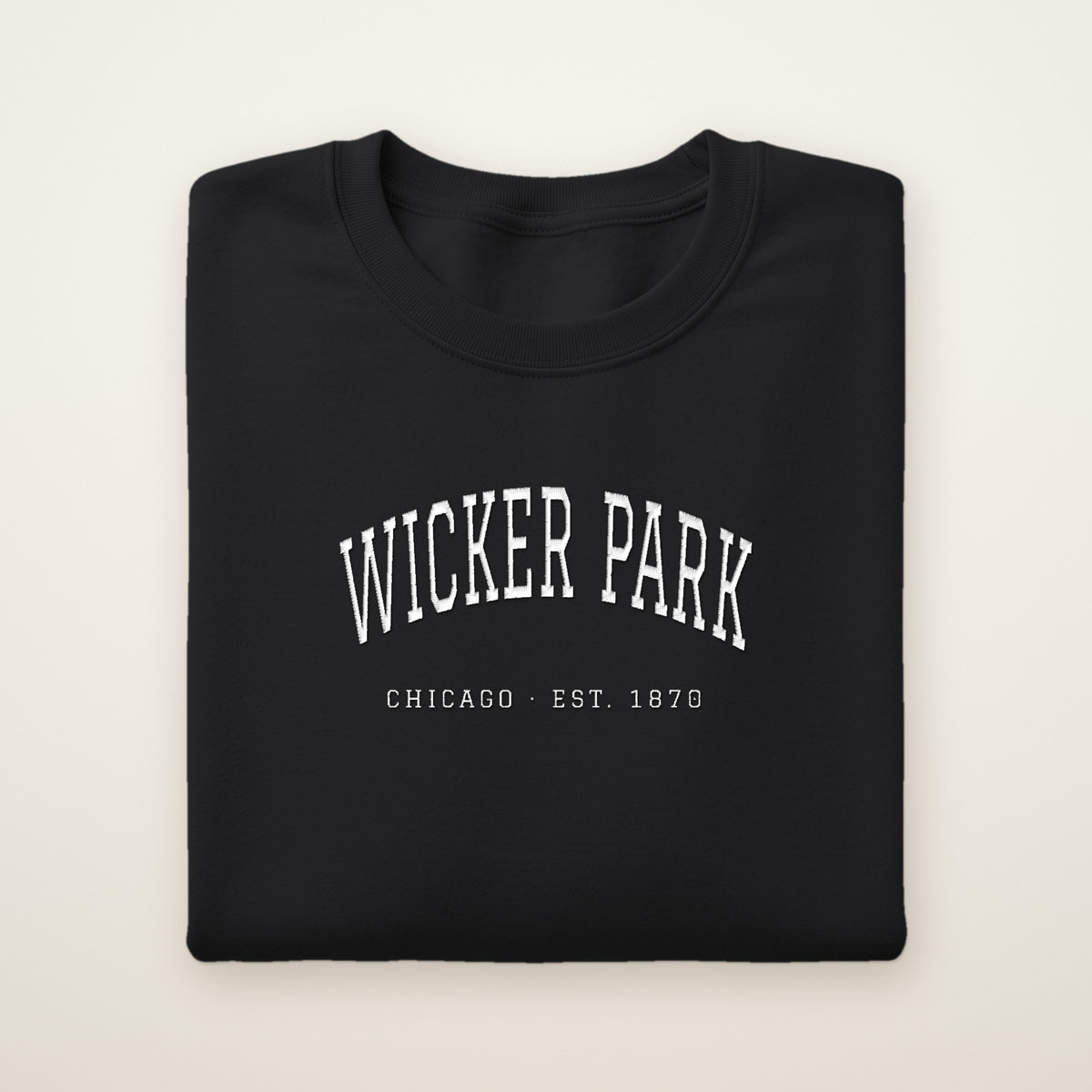 Wicker Park Chicago embroidered crewneck sweatshirt, Black, white embroidery