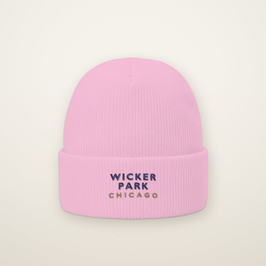 Wicker Park Chicago Embroidered Cuffed Beanie, Navy Thread, Baby Pink