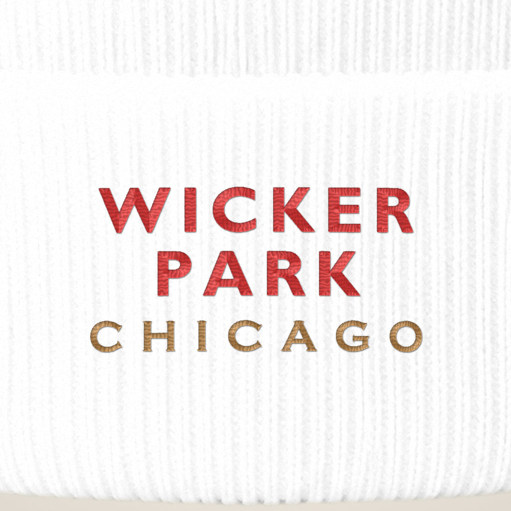 Wicker Park Chicago embroidery close-up in red and old gold thread