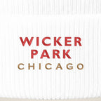 Wicker Park Chicago embroidery close-up in red and old gold thread