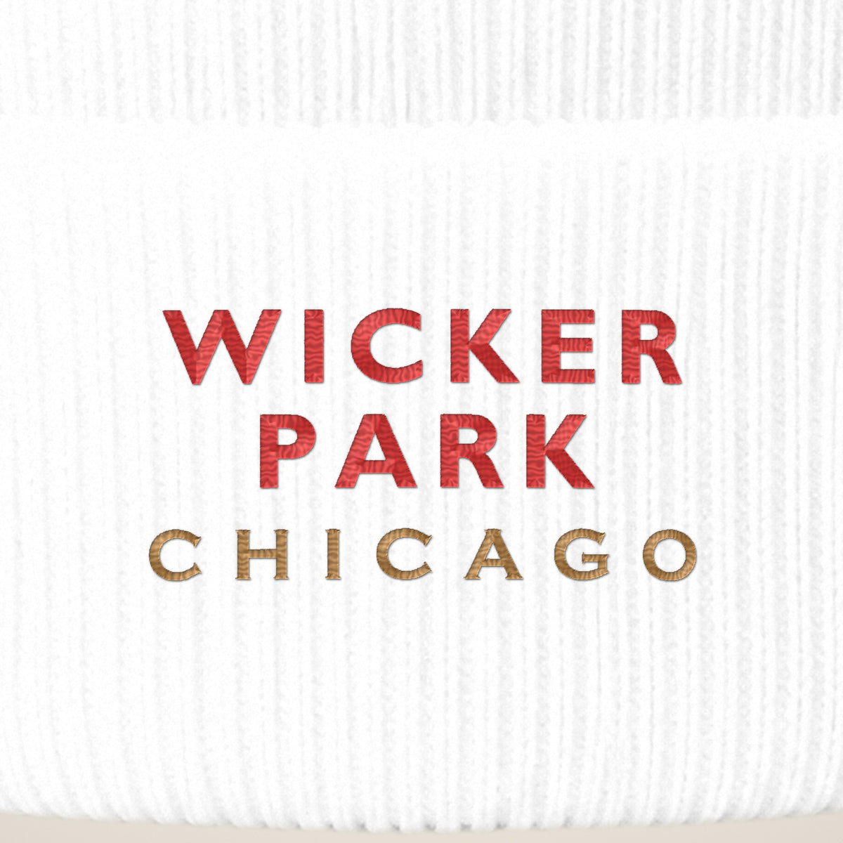 Wicker Park Chicago embroidery close-up in red and old gold thread