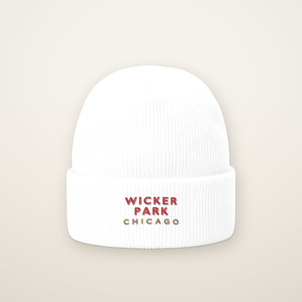 Wicker Park Chicago Embroidered Cuffed Beanie, Red Thread, front view