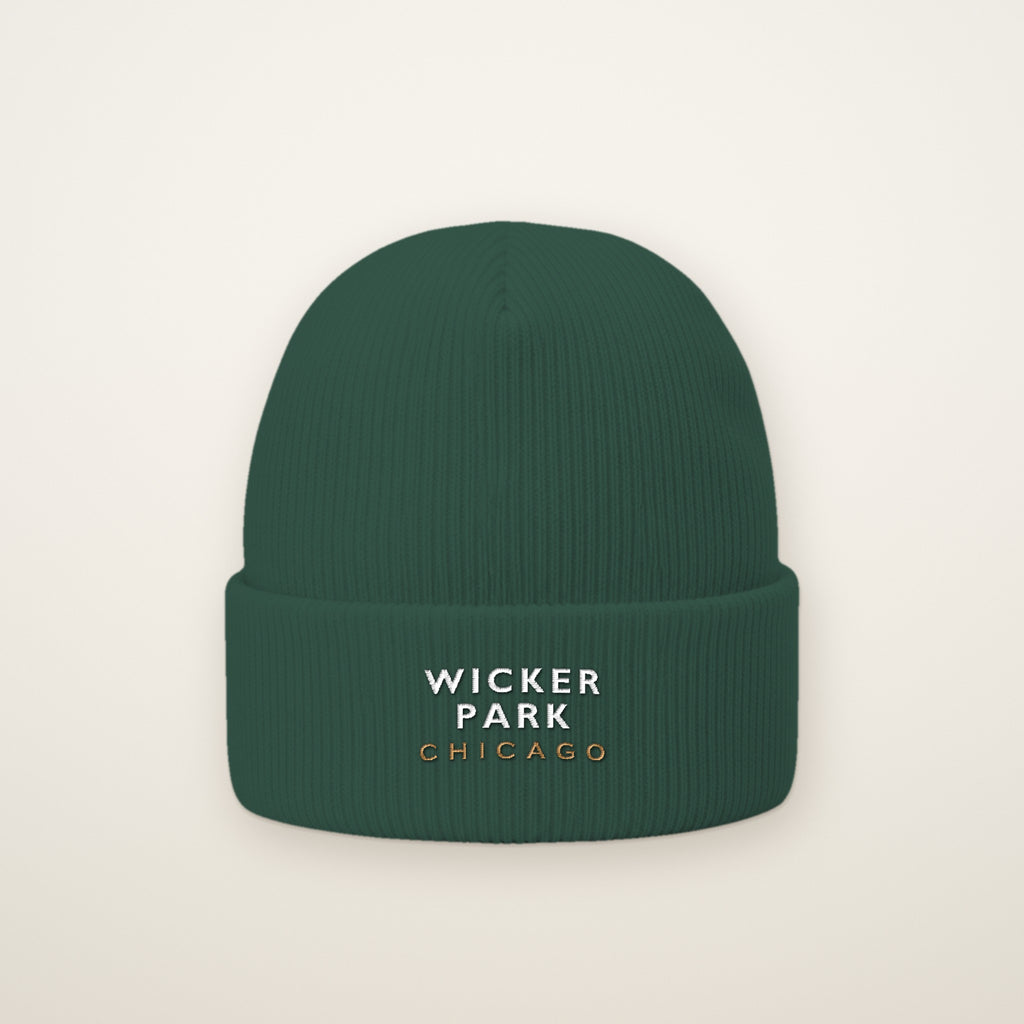 Wicker Park Chicago Embroidered Cuffed Beanie in Spruce