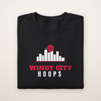 Windy City Hoops Crewneck in Black, flat lay on ivory