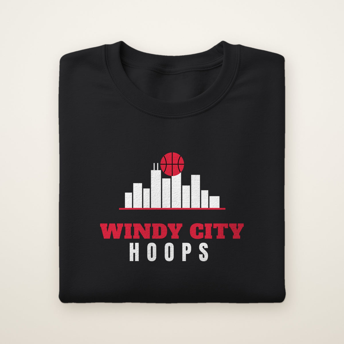 Windy City Hoops Crewneck in Black, flat lay on ivory