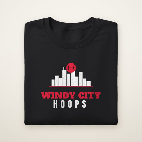 Windy City Hoops Crewneck in Black, flat lay on ivory