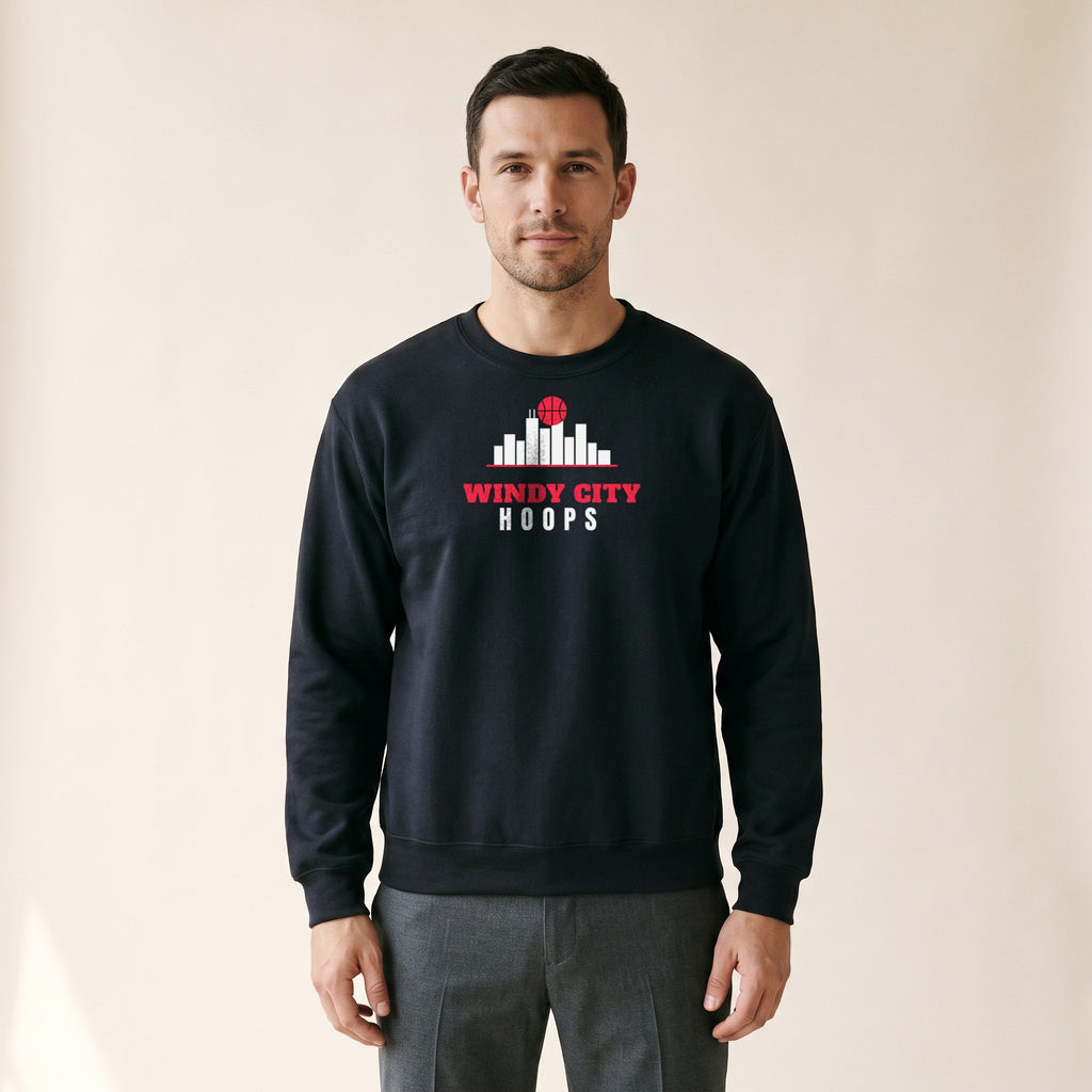 Model wearing the Windy City Hoops Crewneck in Black