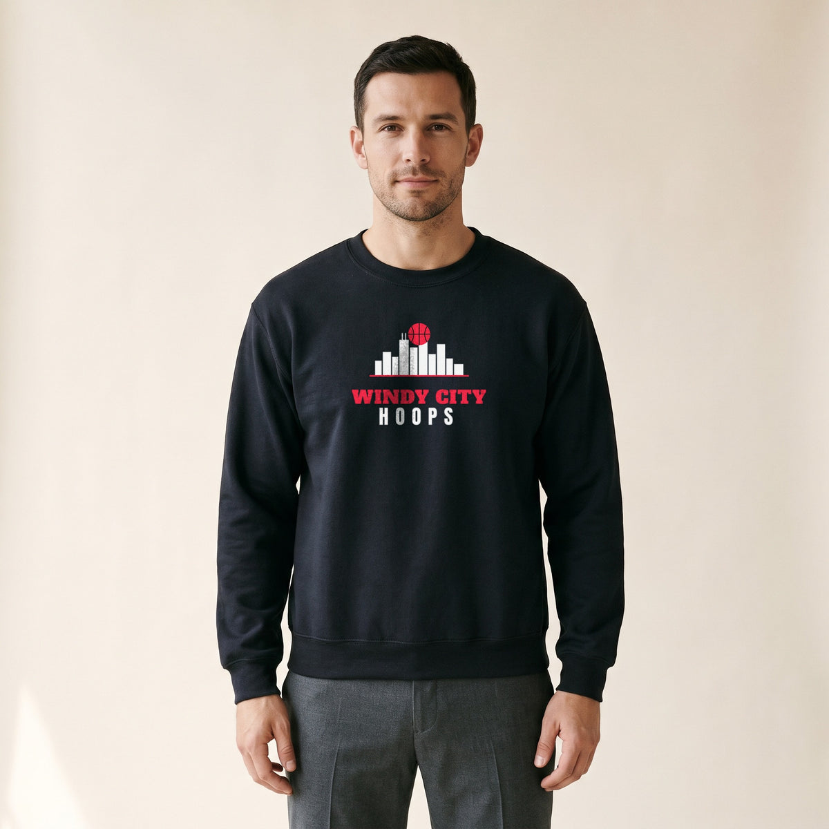 Model wearing the Windy City Hoops Crewneck in Black