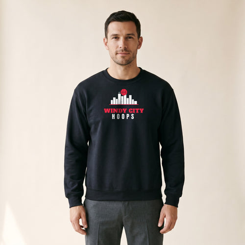 Model wearing the Windy City Hoops Crewneck in Black
