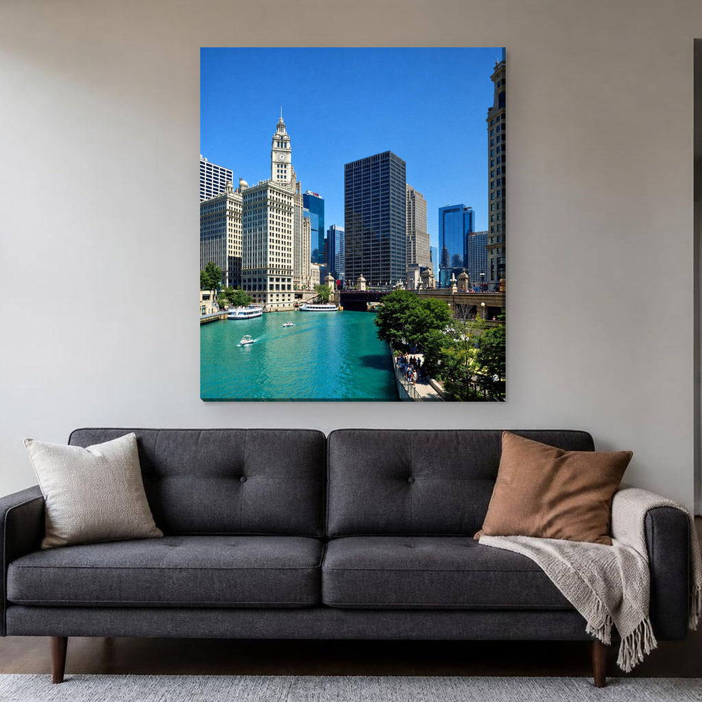 Wrigley Building Canvas — Chicago River on a living room wall