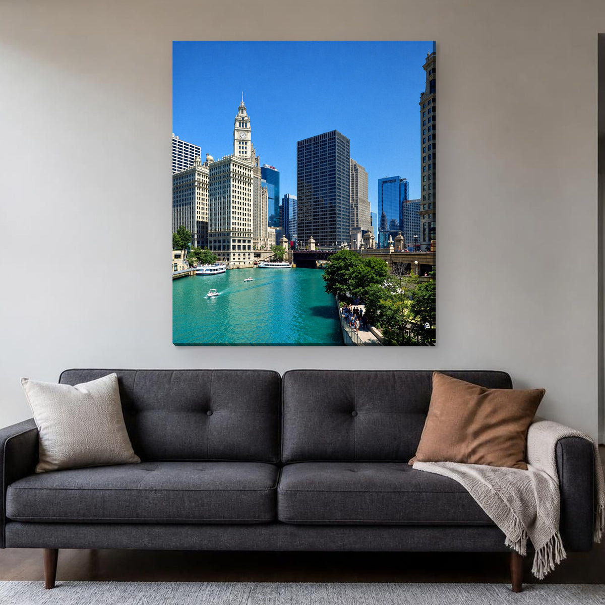 Wrigley Building Canvas — Chicago River on a living room wall