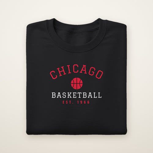 Youth Chicago Basketball Crewneck — Est. 1966 in Black, flat lay on ivory