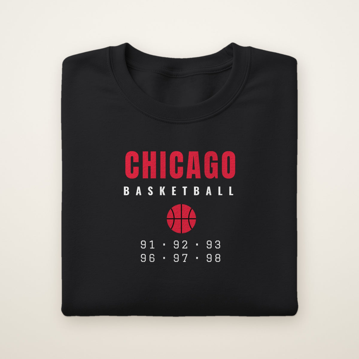 Youth Chicago Basketball Crewneck — Retro 90s in Black, flat lay on ivory