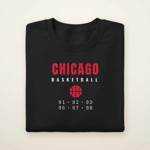 Youth Chicago Basketball Crewneck — Retro 90s in Black, flat lay on ivory