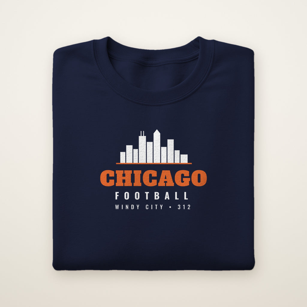 Youth Chicago Skyline Football Crewneck — 312 in Navy, flat lay on ivory