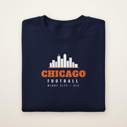 Youth Chicago Skyline Football Crewneck — 312 in Navy, flat lay on ivory