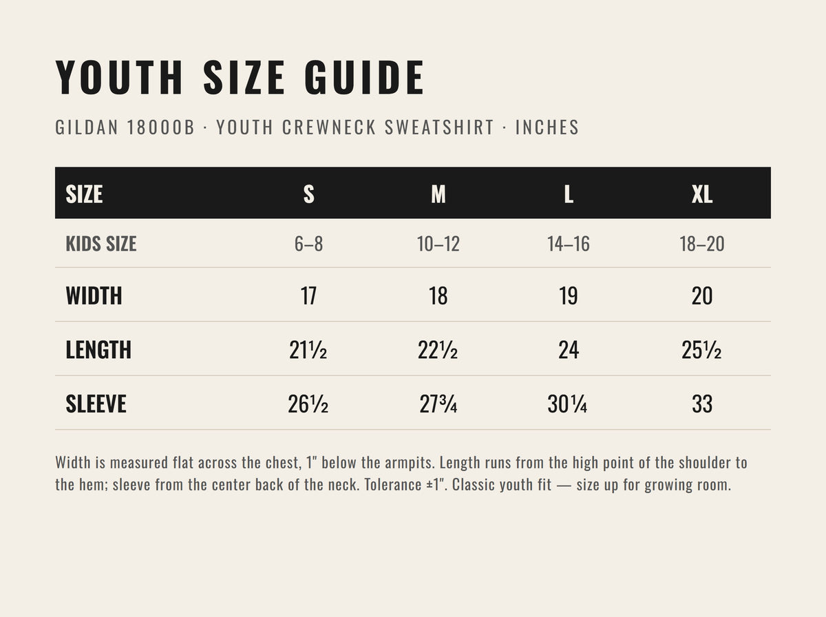 Youth crewneck size chart