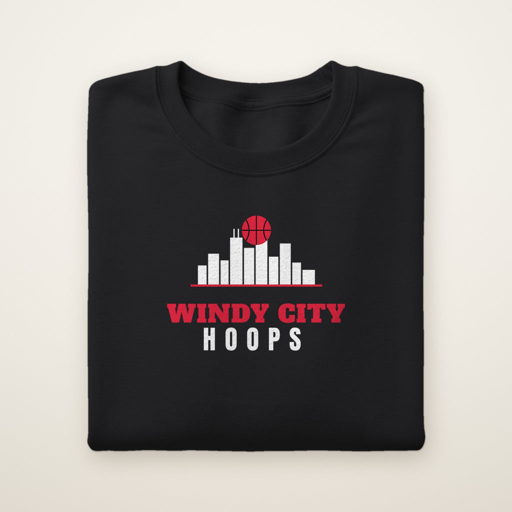 Youth Windy City Hoops Crewneck in Black, flat lay on ivory