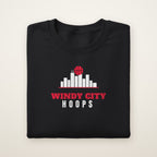 Youth Windy City Hoops Crewneck in Black, flat lay on ivory