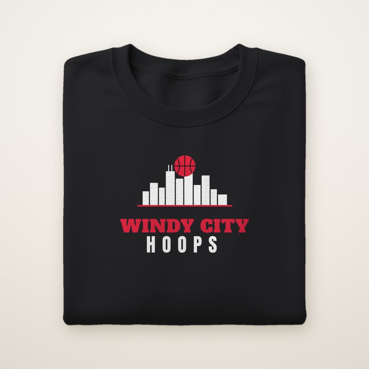 Youth Windy City Hoops Crewneck in Black, flat lay on ivory