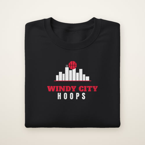 Youth Windy City Hoops Crewneck in Black, flat lay on ivory